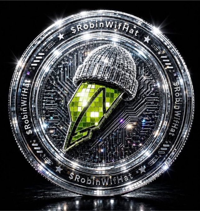 A silver cryptocurrency coin featuring a circuit board background, the text '$RobinWifHat' around its rim, and a central design showing a gray beanie hat resting on a green pixelated lightning bolt.