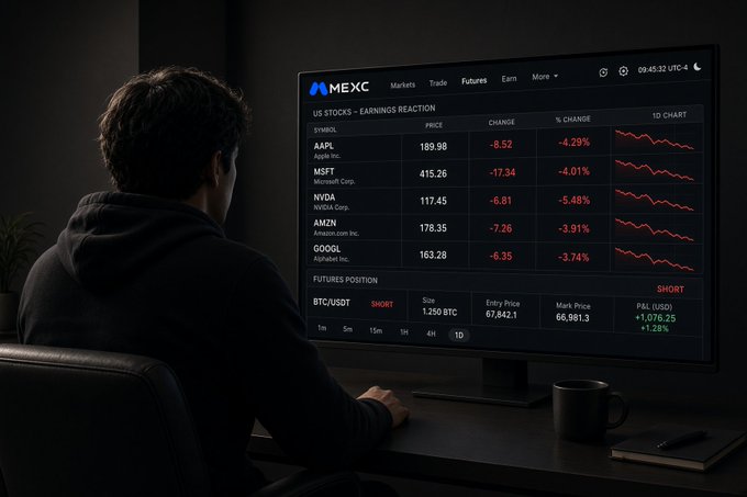 A person sits at a desk viewing a MEXC trading screen showing US stocks with negative percentage changes and a short BTCUSDT futures position.