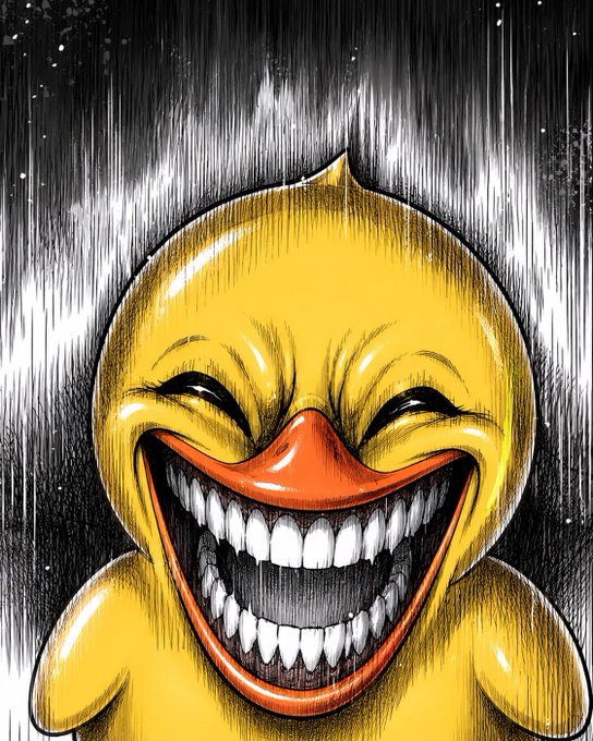 A menacing, stylized illustration of a yellow duck-like character with an unnervingly wide, toothy grin and red features, set against a dark, streaked background.