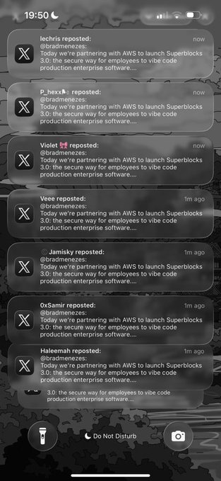 A smartphone notification screen shows multiple reposts from accounts including 'Techris', 'P_hexX', 'Violet', and 'Veee', all sharing a post from '@bradtomenezes' about partnering with AWS to launch Superblocks 3.0.