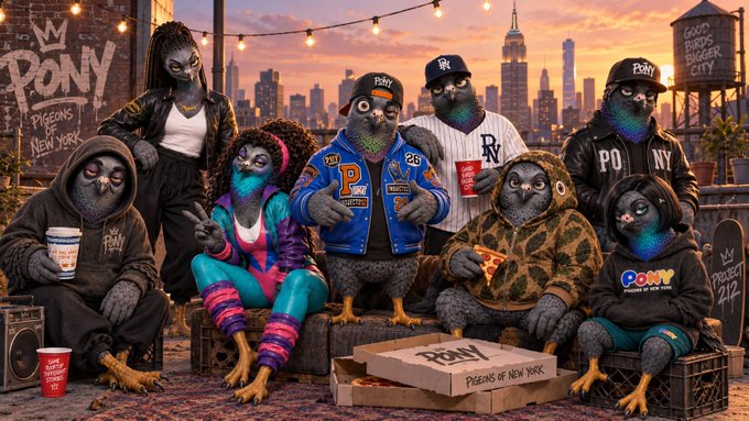 A group of anthropomorphic pigeons dressed in urban streetwear pose together on a rooftop with the New York City skyline at sunset, featuring graffiti reading "PONY Pigeons of New York" and a pizza box labeled "Pigeons of New York."