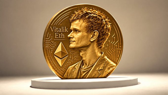 A commemorative gold coin features the engraved portrait of Vitalik Buterin alongside the Ethereum logo and the text 'Vitalik Eth,' displayed on a white pedestal.
