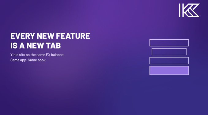 A purple promotional graphic featuring the headline "EVERY NEW FEATURE IS A NEW TAB" alongside the text "Yield sits on the same FX balance. Same app. Same book." and a Kii Chain logo, visually reinforcing the message that Kii Chain integrates yield directly into existing FX infrastructure rather than adding another separate app.