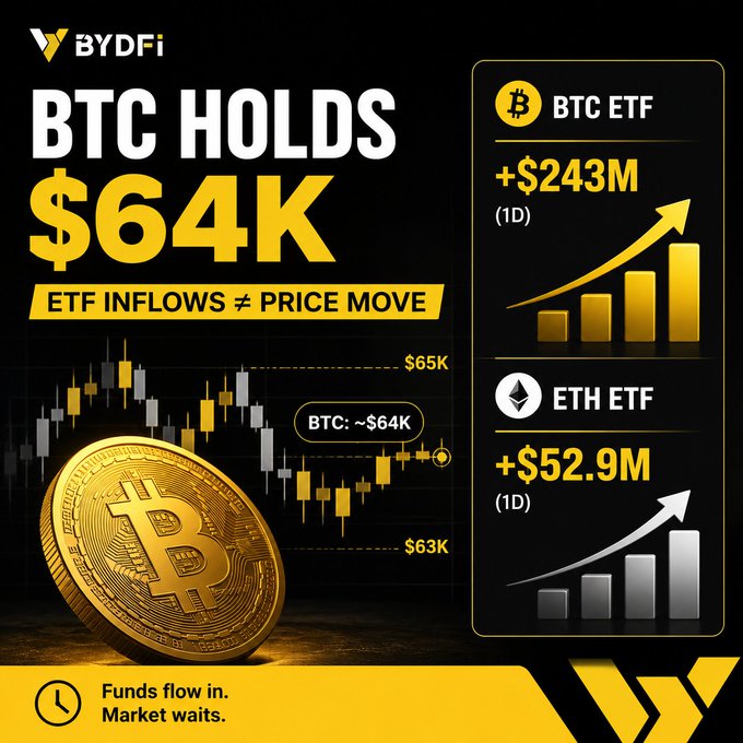 A BYDFi infographic showing Bitcoin holding at $64K with a candlestick chart, noting that BTC ETF inflows of +$243M and ETH ETF inflows of +$52.9M are not translating into price movement, reinforcing the post's message that ETF money is flowing in but the market is waiting for its next signal.