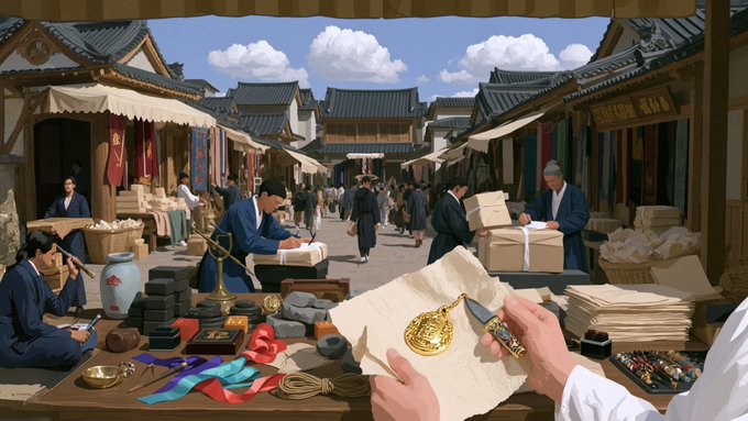 A stylized scene of an ancient Asian marketplace with merchants, scrolls, jewelry, and traditional architecture under a bright sky.