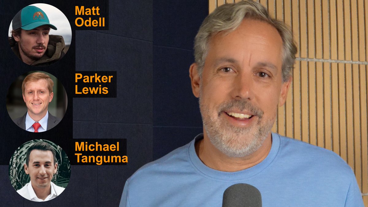 A man with gray hair speaks into a microphone, while circular portraits of Matt Odell, Parker Lewis, and Michael Tanguma appear on the left.