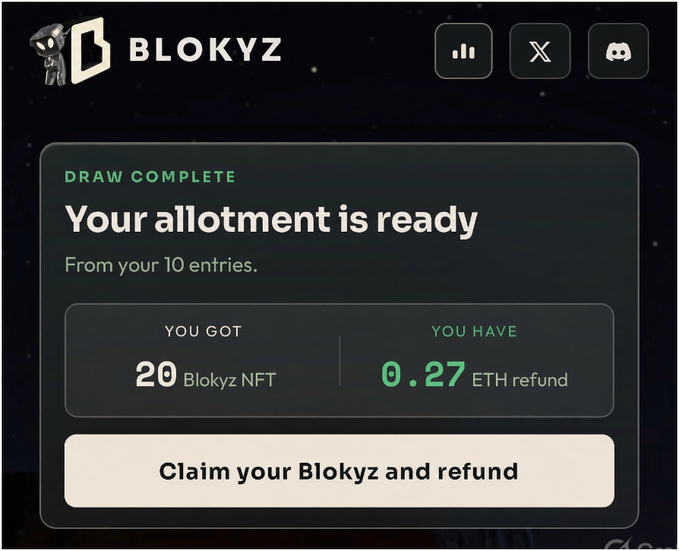 A "Draw Complete" confirmation screen from Blokyz shows that 10 entries yielded 20 Blokyz NFTs with a 0.27 ETH refund, alongside a "Claim your Blokyz and refund" button. The post suggests this image is not genuine, as the user clarifies it's a "larp" and they actually received no NFTs.