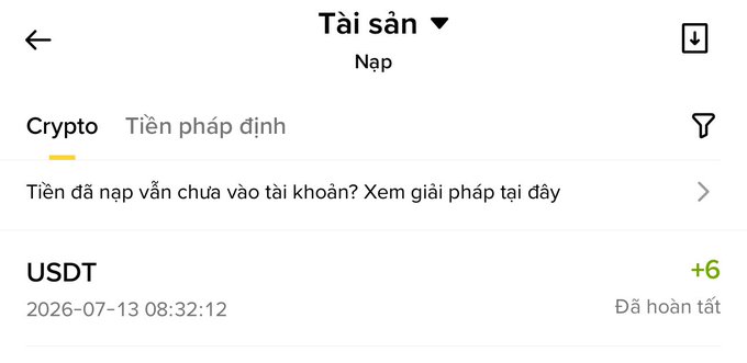 A screenshot of a Binance "Tài sản" (Assets) deposit page showing a successful $6 USDT crypto deposit on 2026-07-13 at 08:32:12, with status "Đã hoàn tất" (Completed), marking the user's first $6 earnings from web3 as mentioned in the celebratory post.