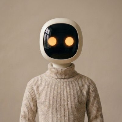 A small robot figure with glowing yellow eyes and a cozy beige turtleneck sweater gazes forward against a plain wall, visually embodying the warm, community-driven meme persona that "$RogerTeam" is cultivating for its Solana narrative.