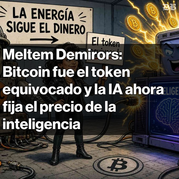 Cartoon-style illustration of a woman in a tech-themed room with Bitcoin coins and a computer displaying a brain, featuring Spanish text: 'Meltem Demirors: Bitcoin fue el token equivocado y la IA ahora fija el precio de la inteligencia'.