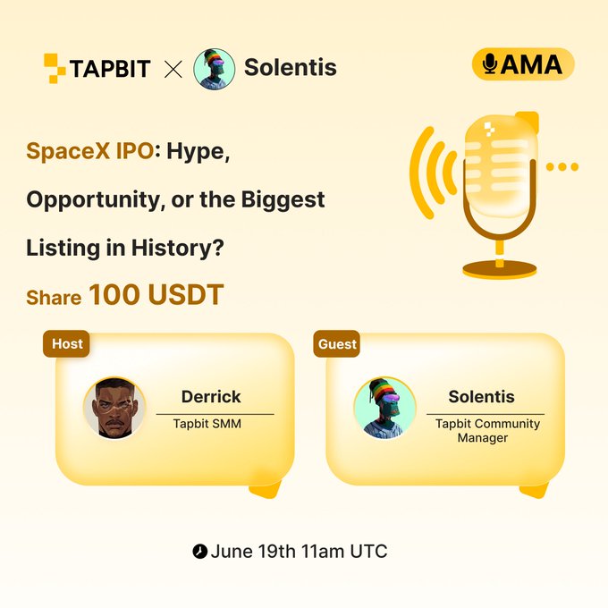 The image features a poster for an event related to the topic of the SpaceX IPO, which was discussed at the AMA. The poster includes two images of microphones, one with a yellow background and the other with a white background. There are also text elements on the poster that provide information about the event, such as the date (June 19th), time (7 hours to the AMA), and the topic being discussed: the biggest listing in history for the SpaceX IPO. The poster also includes two names of people who were present at the event, along with their contact information.