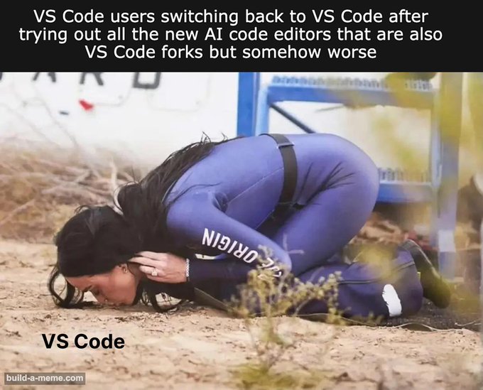 The image is a meme showing a person in a blue "ORIGIN" bodysuit crouched on the ground in a submissive posture, labeled "VS Code," with caption text reading "VS Code users switching back to VS Code after trying out all the new AI code editors that are also VS Code forks but somehow worse." 

The meme humorously relates to the post by illustrating how people chase shiny new alternatives only to retreat back to familiar, established options—in this case, developers returning to VS Code after experimenting with AI-forked editors, paralleling the crypto message about investors returning to reliable "infrastructure" rather than chasing speculative "meme tickers."