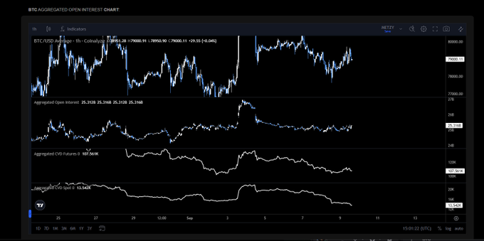 A TradingView 'BTC AGGREGATED OPEN INTEREST CHART' showing BTC/USD price at 79,956.90 on the 1h timeframe, with panels for Aggregated Open Interest (25.31B), Aggregated OI Futures, and Aggregated OI Spot.