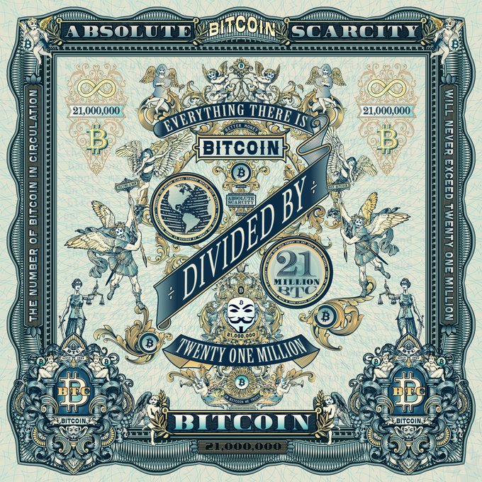 An ornate decorative artwork titled 'Absolute Bitcoin Scarcity' featuring intricate vintage designs with the text 'Everything There Is Is Bitcoin Divided By Twenty One Million' and '21,000,000' references.