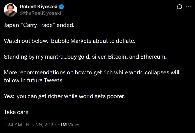 A screenshot of a tweet from Robert Kiyosaki (@theRealKiyosaki) posted on November 29, 2025, advising followers to "buy gold, silver, Bitcoin, and Ethereum" as the Japan "Carry Trade" ends and "Bubble Markets about to deflate." The accompanying post criticizes Kiyosaki for omitting $XRP from his investment recommendations, questioning whether the omission reflects ignorance or deliberate misdirection, drawing a parallel to Buffett missing major tech opportunities.