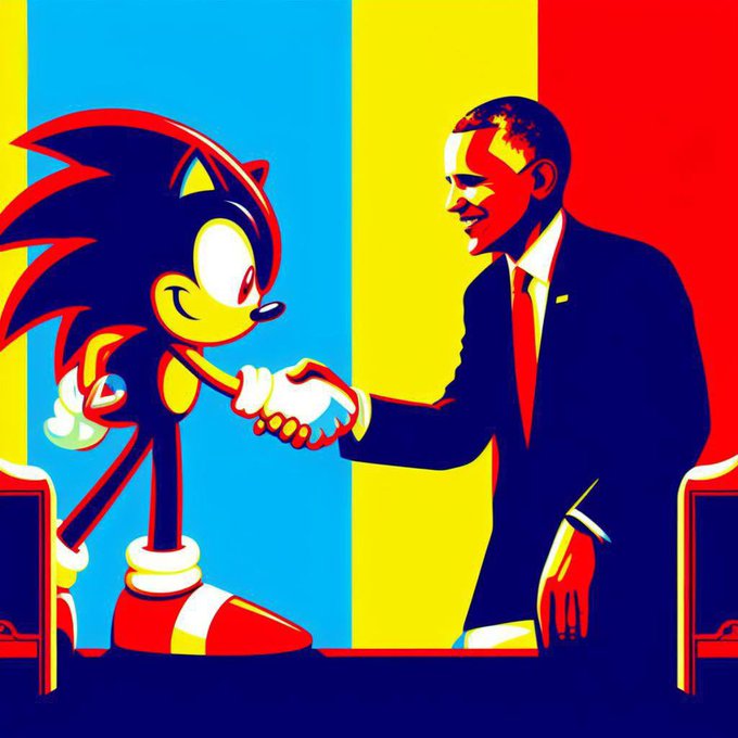 A stylized pop-art illustration showing Sonic the Hedgehog shaking hands with former U.S. President Barack Obama, using bold red, yellow, and blue color blocks.