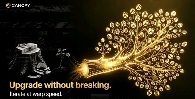 An ad for Canopy Network (CNPYNetwork) features a glowing golden tree growing from a pot beside a black-and-white drawing of a house and a sapling, with the tagline "Upgrade without breaking. Iterate at warp speed." The visual metaphor illustrates how the platform allows blockchains to evolve and grow like a tree, expanding features without requiring disruptive hard forks or migrations that would tear down existing infrastructure.