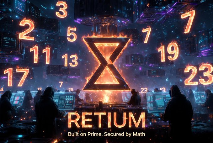 A futuristic promotional image with glowing numbers, a central X logo, and the text 'RETIUM - Built on Prime, Secured by Math' with silhouetted figures at computer stations.