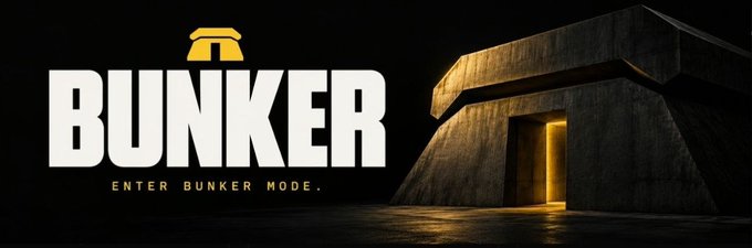 A dark promotional banner for 'BUNKER' featuring bold white text, a yellow bunker logo, and the slogan 'ENTER BUNKER MODE' next to a concrete bunker structure with an illuminated entrance.