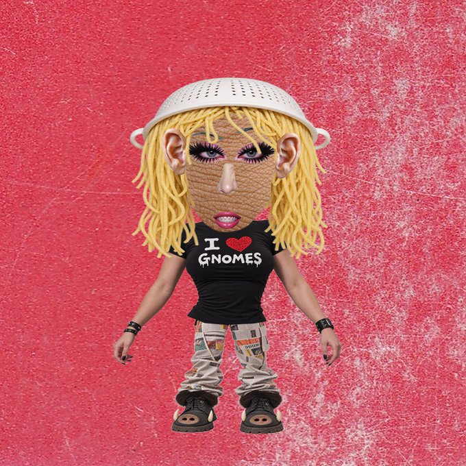 A 3D rendered caricature of a character with a colander as a hat, yellow noodle-like hair, a burlap-textured face, wearing a black 'I ♥ GNOMES' t-shirt and casual pants, set against a red textured background.