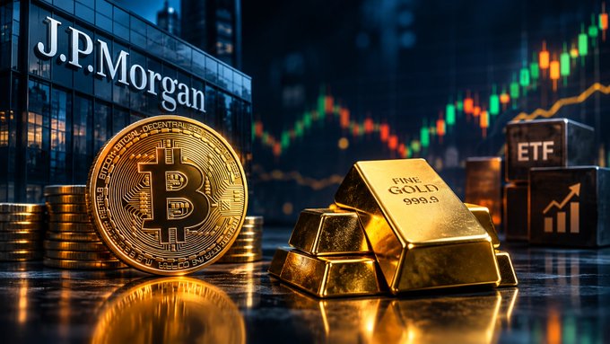 A digital artwork features a J.P.Morgan building alongside a golden Bitcoin coin, stacked gold bars marked 'Fine Gold 999.9', and an 'ETF' block, with a stock market chart in the background.