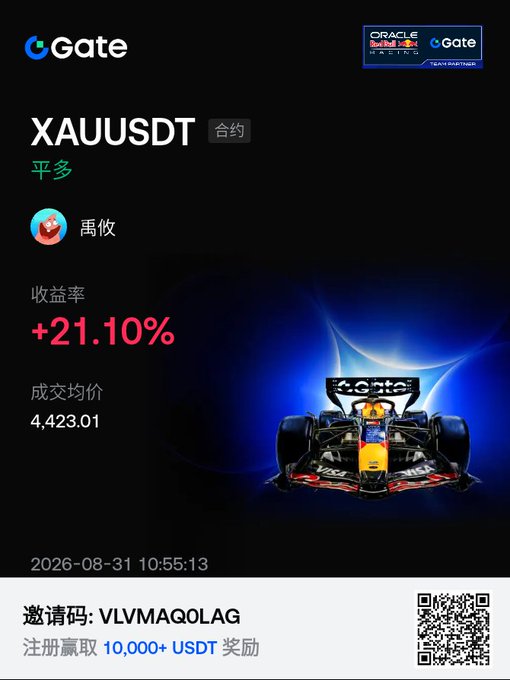 A Gate cryptocurrency exchange promotional card showing a XAUUSDT futures position with +21.10% return rate and an average price of 4,423.01, featuring a Red Bull Racing F1 car and an invitation code VLMAQOLAG.