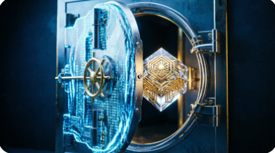 A 3D-rendered illustration of a bank vault with its heavy circular door swung open, revealing a glowing golden cryptocurrency coin inside.