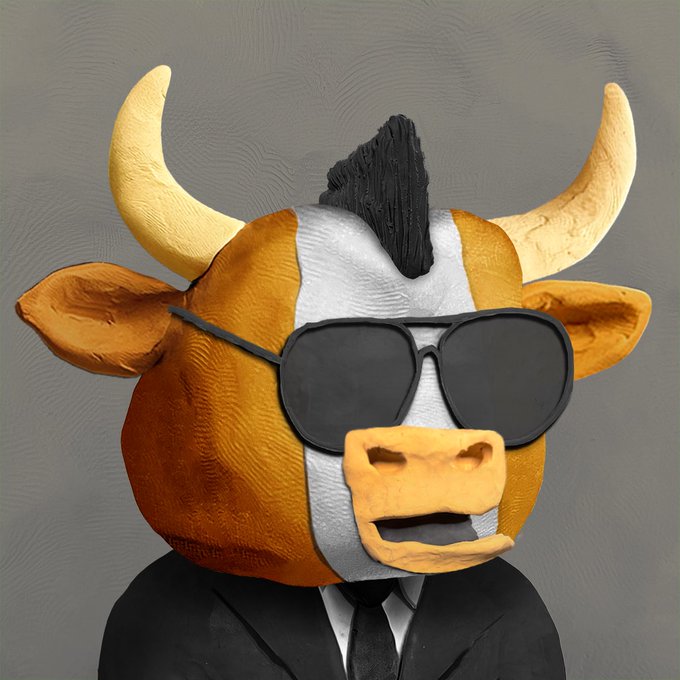 A clay sculpture of a bull wearing aviator sunglasses and a black suit, representing the "Clay StonKz" NFT collection that celebrates three years of the artist's work, with the bull motif symbolizing the "stonks" market theme referenced in the handle.