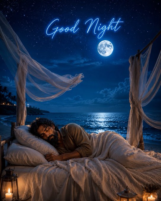 A serene nighttime scene of a bearded man sleeping peacefully under a canopy bed draped in sheer curtains by the ocean, with a full moon overhead, glowing blue "Good Night" text in the sky, and candles burning in lanterns nearby.