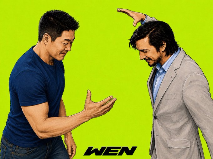 Two men face off against a bright green background; the man on the left in a blue t-shirt holds his hand out in a martial arts pose, while the man on the right in a gray suit has his hand raised above the other's head. 'WEN' logo at the bottom.
