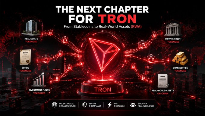 The image features a poster for the cryptocurrency projectTRON that includes various elements related to its purpose and functionality. The poster highlights the benefits of using TRON as a means of transferring real assets such as investment funds, private credit, bonds, and more onto the blockchain. It also mentions that TRON is designed to help money move fast by providing a secure and transparent way to transfer these assets. The poster includes logos for Stablecoins and RWA (Real-World Assets), which are integral parts of the project.