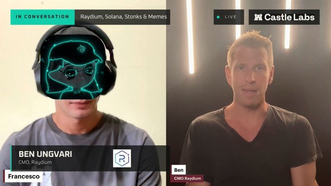 The image shows a split-screen video interview featuring Francesco (left) wearing a virtual mask and Ben Ungvari, CMO of Raydium (right), in a Castle Labs broadcast titled "Raydium, Solana, Stonks & Memes." The "face reveal" caption in the post corresponds to Francesco removing his mask to reveal his identity for the first time during the discussion about the Raydium, Solana ecosystem, and LaunchOnSF.
