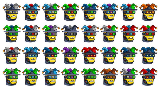 A grid of 32 cartoon NFT character sprites depicting jester-hat-wearing figures with goggles in various color combinations, arranged in four rows of eight.