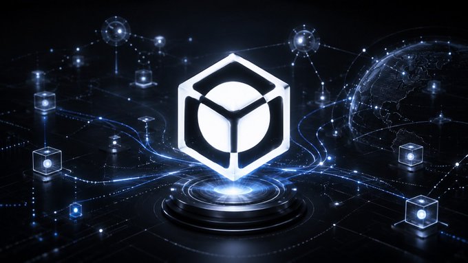 A futuristic digital graphic featuring a glowing white hexagonal logo with an inner cube design, set against a dark background with connected nodes, flowing light streams, and a wireframe globe.