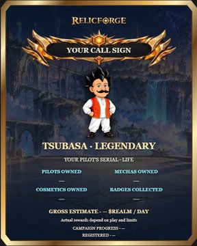 A RelicForge NFT profile screen displays a Legendary Tsubasa character with stats for pilots owned, mechas owned, cosmetics owned, badges collected, and realm/day progress.
