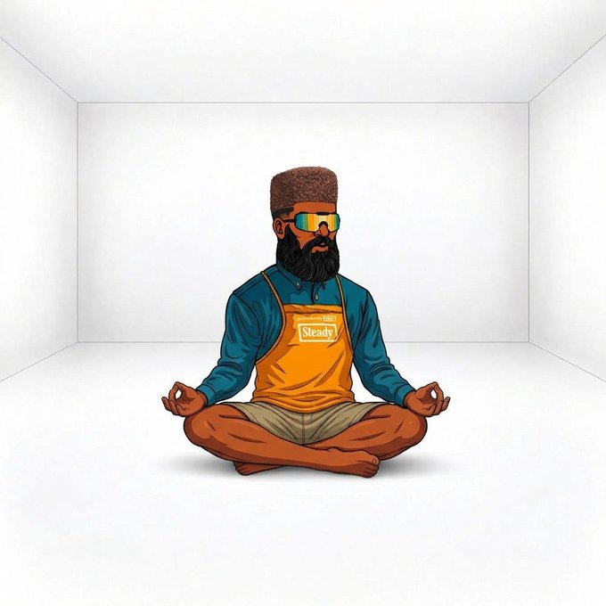 An illustrated bearded man wearing sunglasses and a teal shirt with a 'Steady' branded apron meditates in a lotus pose inside a white room.