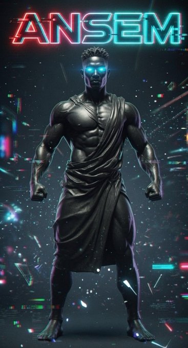 A digital art poster featuring a muscular figure in a toga with glowing blue eyes beneath the neon text 'ANSEM', set against a glitch-effect background.