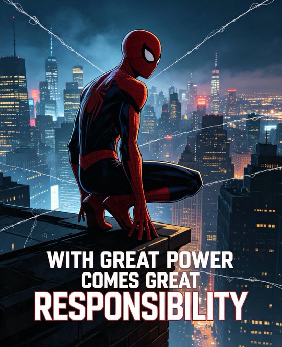 Spider-Man crouches on a rooftop overlooking a city skyline, accompanied by the iconic text, "WITH GREAT POWER COMES GREAT RESPONSIBILITY." This superhero imagery serves as a metaphor for the accompanying post, "About to break ATH!", suggesting that the character's immense power aligns with the potential for a major market breakthrough.