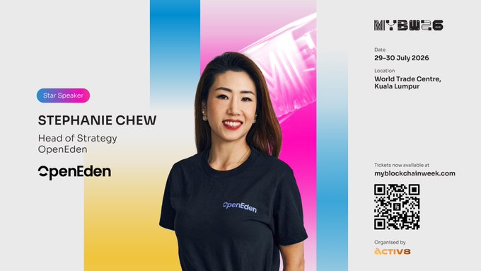 Promotional graphic for MY:BW6 (MyBlockchainWeek) featuring Stephanie Chew, Head of Strategy at OpenEden, listed as a Star Speaker for the event on 29-30 July 2026 at World Trade Centre, Kuala Lumpur, organized by ACTIVE8.