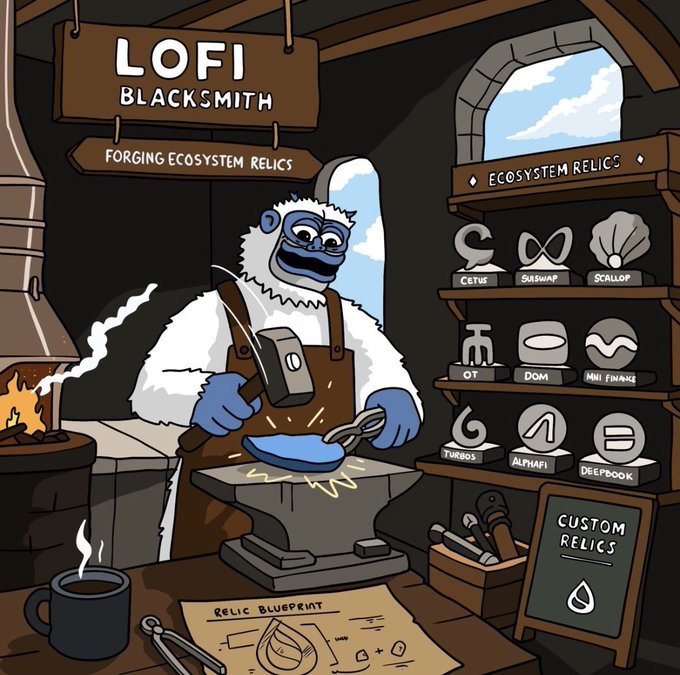 An illustrated "LOFI BLACKSMITH" character forging anvil, with shelves of "ECOSYSTEM RELICS" representing crypto projects like Cetus, Suiswap, Scallop, OT, Dom, Turgios, Alphafi, and Deepbook.