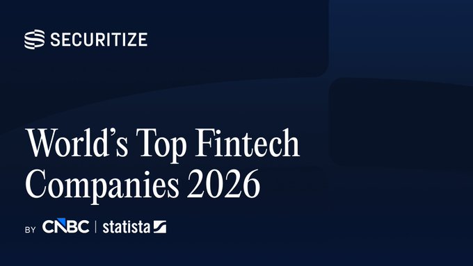 Securitize promotional graphic with text 'World's Top Fintech Companies 2026' credited to CNBC and Statista, set against a dark blue background.