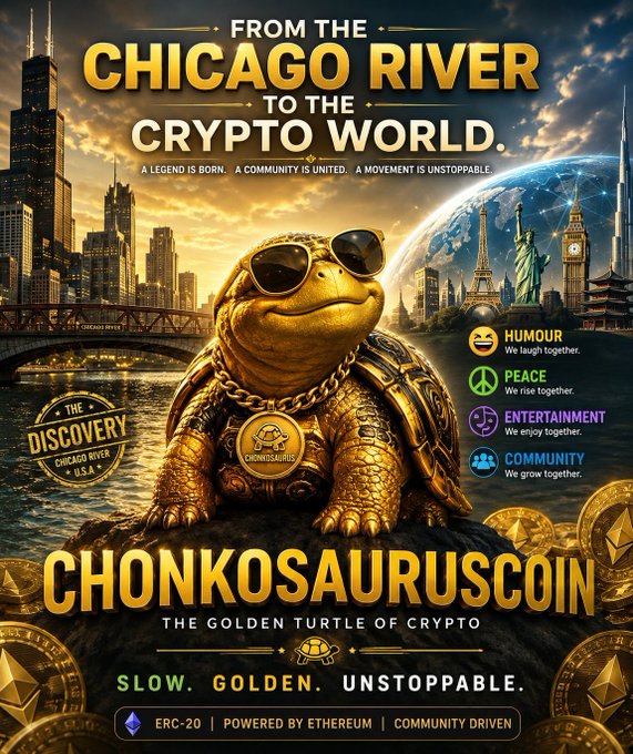 The image is a promotional poster featuring a golden turtle wearing sunglasses and a "CHONKOSAURUS" medallion, set against a backdrop of global landmarks and the Chicago skyline, advertising "$CHONK" with the tagline "FROM THE CHICAGO RIVER TO THE CRYPTO WORLD" and "THE GOLDEN TURTLE OF Crypto." It highlights core values of Humour, Peace, Entertainment, and Community, noting it's an ERC-20 token powered by Ethereum, directly matching the post's call to embrace the movement.