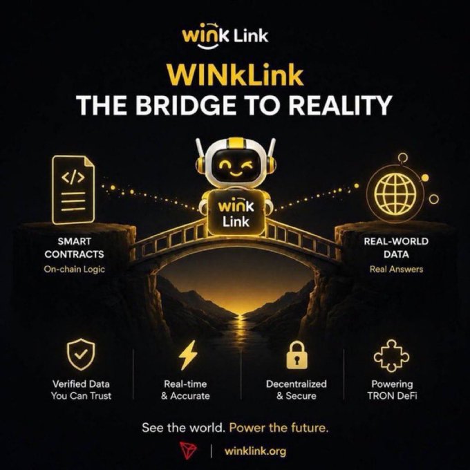 A promotional graphic for 'WINkLink: THE BRIDGE TO REALITY' featuring a robot mascot and icons for 'SMART CONTRACTS', 'REAL-WORLD DATA', 'Verified Data', 'Real-time & Accurate', 'Decentralized & Secure', and 'Powering TRON DeFi', with the URL winklink.org.