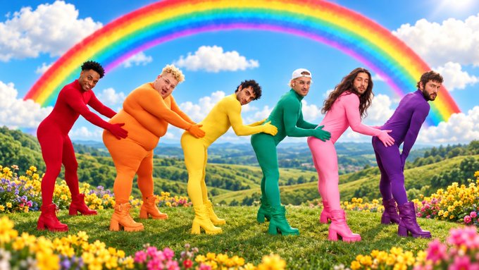 Six people in colorful full-body spandex suits (red, orange, yellow, green, pink, purple) pose playfully in a meadow under a rainbow.