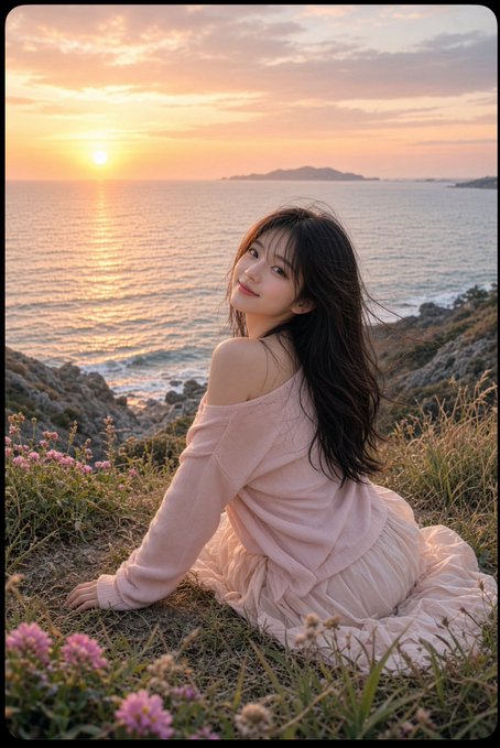 A woman sits on a grassy cliff overlooking the ocean at sunrise, evoking the feeling of calm and positivity mentioned in the accompanying post about seeing a green BTC candle.