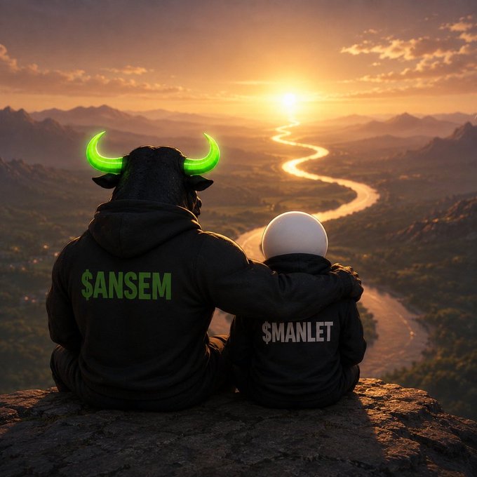 Two figures sit together on a cliff overlooking a sunset valley, one wearing a bull mask with glowing green horns and a hoodie reading "$ANSEM," with an arm around a white-helmeted companion in a hoodie reading "$MANLET," fitting a casual "gm" greeting with meme-style crypto tickers.