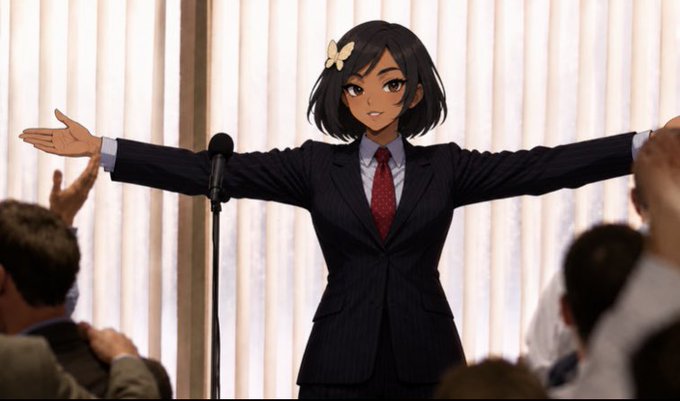 An anime character with short dark hair and a white bow wears a dark pinstripe suit and red tie, standing with arms outstretched behind a microphone as an audience applauds.
