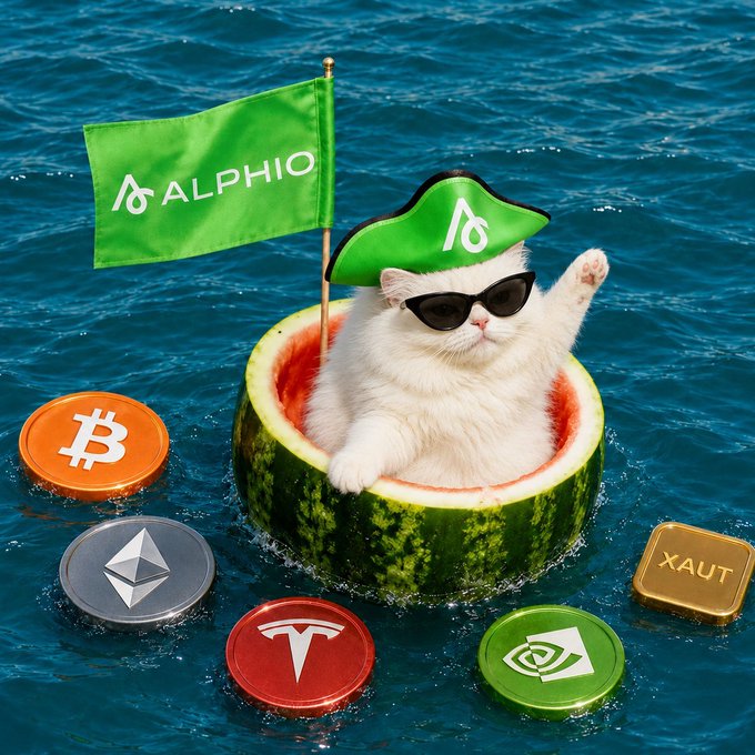 A white cat wearing sunglasses and a green pirate hat sits inside a hollowed-out watermelon floating in the sea, holding an 'ALPHIO' flag, surrounded by floating coins representing Bitcoin, Ethereum, Tesla, Nvidia, and XAUT gold.