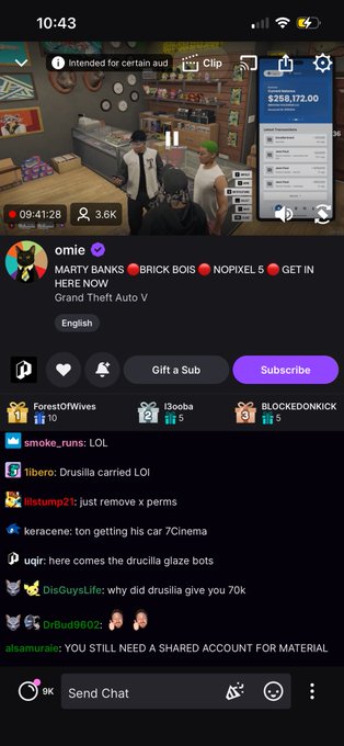 A mobile screenshot of a Twitch live stream by 'omie' titled 'MARTY BANKS BRICK BOIS NOPIXEL 5 GET IN HERE NOW' playing Grand Theft Auto V, showing a donation total of $255,172.00 and an active chat.