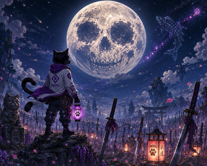An anime-style scene of a cat samurai in a white and purple cloak labeled 'IWRU' standing on a cliff, gazing at a massive skull-shaped moon over a field of swords and glowing lanterns marked 'IWRU 永遠'.